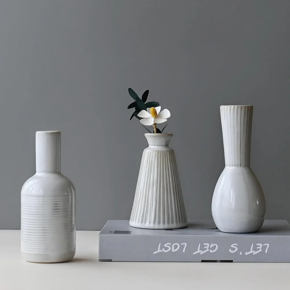 NEW West Elm (Set of 3) White Ceramic Stoneware Boho Flower Vases Home Decor